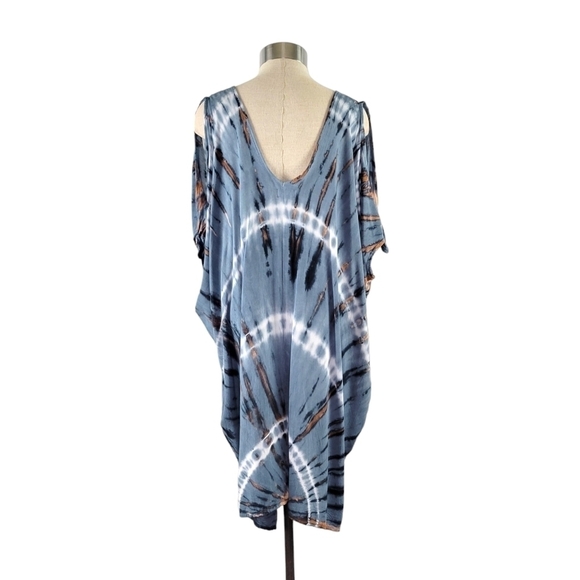 Suzie Blue Hippie Tie Dye Tie-Shoulder Kaftan Poncho Cover-Up Women's One Size - Picture 6 of 9